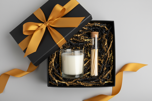 black gift box with mustard yellow ribbon. The candle does not have a label.  Inside the box is a clear transparent glass candle and a glass tube of matches.  The box is filled with black & gold crinkle paper filling.